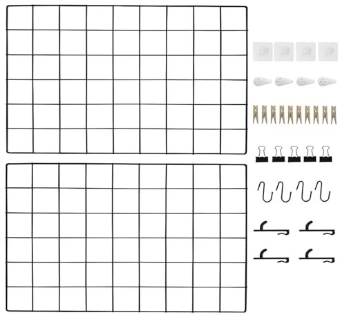 CIKLCIX Lot de 2 panneaux muraux en grille métallique pour photos de 43,9 x 29 cm, cadre photo, tableau mémo en maille métallique avec clips et crochets, noir