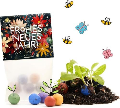 Blumenmurmeln Frohes Neues Jahr | Geschenk & nachhaltiges Mitgebsel zu Silvester | Neujahrsgruß für Freunde, Gäste & Kinder | Kleinigkeit als Tisch-deko, Glücksbringer und Aufmerksamkeit