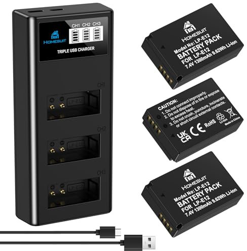 Homesuit LP-E12 Akku 1300mAh und 3-Slot LCD Ladegerät für Canon EOS M50, M50 Mark II, M, M2, M10, M100, M200, Rebel SL1, PowerShot SX70 HS Digitalkameras (3er-Pack)