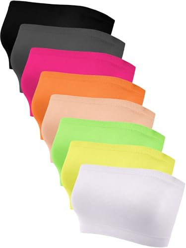 Bencailor 8 Stück Bandeau-Top für Damen, trägerlose Röhren-Bralettes ohne Polster, Nahtlose, Dehnbare Sport-BHS, Leuchtende Farben, Medium
