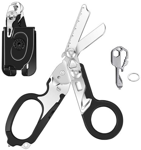 Awaiymi 6 in 1 Multifunctional Folding Scissors with Compatible Holster, Emergency Scissors Outdoor Camping Emergency Tool with Belt Cutter and Glass Breaker (Black)
