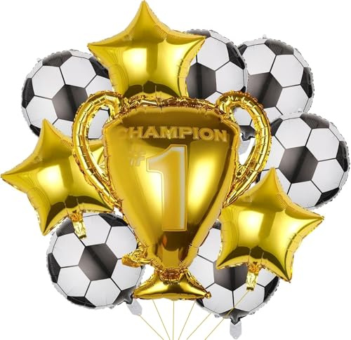 Fußball-Ballons, 45,7 cm, 1 goldener großer Pokal, 81,3 cm, 3 Foliensterne, 45,7 cm, schwarz-weiß, Fußball-Motiv, Geburtstagszubehör, Party-Dekoration, für Männer und Jungen, Fußballfans