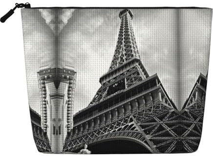 Elegante borsa per il trucco in canapa finta con stampa di fenicotteri, organizer da viaggio per articoli da toeletta, astuccio riutilizzabile per cosmetici con grande capacità, Torre Eiffel, Taglia