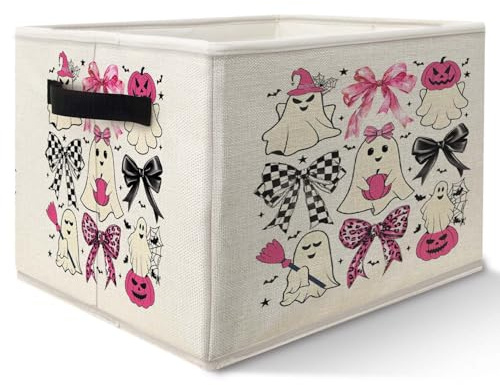 Likjad Halloween Ghost Storage Bins Basket, Pink Coquette Bow Witchy Pumpkin Ghost Bat Collapsible Fabric Storage Box Organizer Toybox for Bedroom Bathroom Clothes Books Toys