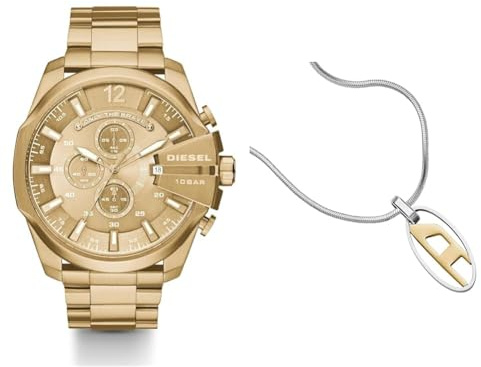 Diesel Herren Mega Chief Goldfarbene Edelstahl Uhr und Silberfarbene Halskette, Set
