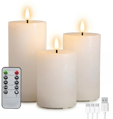 Wiederaufladbare LED-Kerzen ohne Flamme mit Fernbedienung & Timer, 3D-Docht-Flacker-Effekt, aus echtem Wachs - Set aus 3 Stück Perfekt für Hochzeiten,Feiertage und die perfekte Wohndekoration