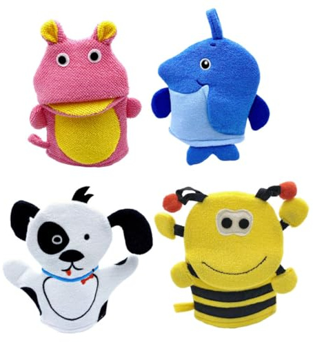 DECORNIJIA 4 Stück-pack Kinder Körperwaschhandschuhe mit Niedlichen Tiermotiven aus Weichem Verbundbaumwolle Kreative Badehandschuhe für Sanfte Reinigung Beim Baden oder Duschen
