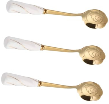 Cabilock 3 Pcs Stainless Steel Coffee Stirring Spoons with Rose Petal Heads and Ceramic Handles Heat Resistant Mixing Spoons for Bar Cafe Home Restaurant White Gold Finish