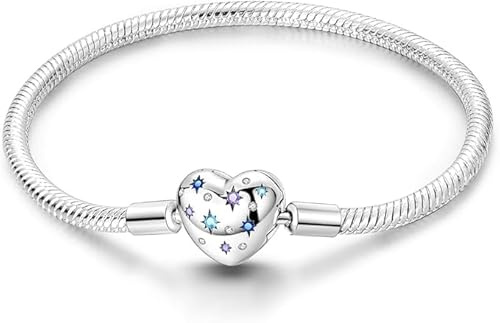Symretie Schlangen Gliederarmband mit Kugelverschluss,Damen Love Charm Armband 925 Sterling Silber,Metall Basis Armbänder Kompatibel mit Charms und Anhängern