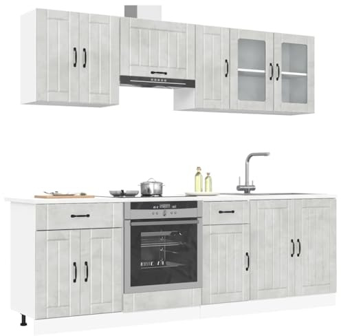 fadaoet 8-TLG. Küchenschrank-Set Lucca Betongrau, Holzwerkstoff mit Glas, viel Stauraum, verstellbare Füße, pflegeleicht, für Küchenorganisation