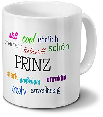 printplanet Tasse mit Namen Prinz - Motiv Positive Eigenschaften - Namenstasse, Kaffeebecher, Mug, Becher, Kaffeetasse - Farbe Weiß