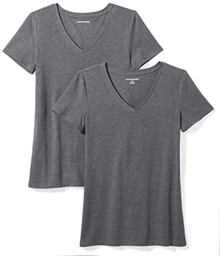 Amazon Essentials Women's Regular-Fit Short-Sleeve V-Neck T-Shirt, Pack of 2, Charcoal Heather, XL
