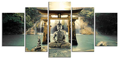 decomonkey - Impression sur Toile Bouddha 200x100 5 Pièces - Tableau Décoration Appartement Cadre en Bois Déco Salon Peinture sur Toile Bouddha bouddhisme arbres nature orienter eau cascade zen