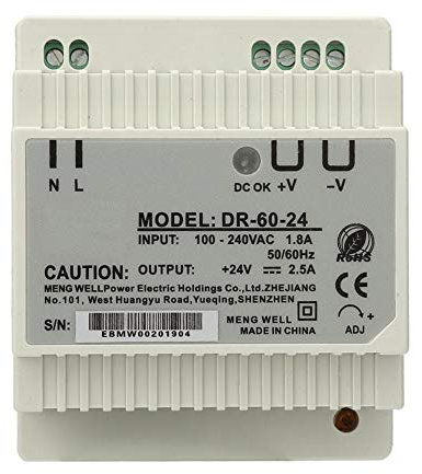 Fafeicy DR-60-24 60W 24V PWM Fuente de Alimentación de Riel DIN, Salida Única AC/DC, Diseño Hueco para Control Industrial yEquipos de Iluminación