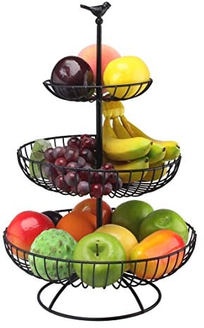 EVER RICH ® Three Tier Black Fruit Basket - COUNTERTOP Fruit Basket Keeps Your Fruits Fresh (3 Tier BLK Bowl)