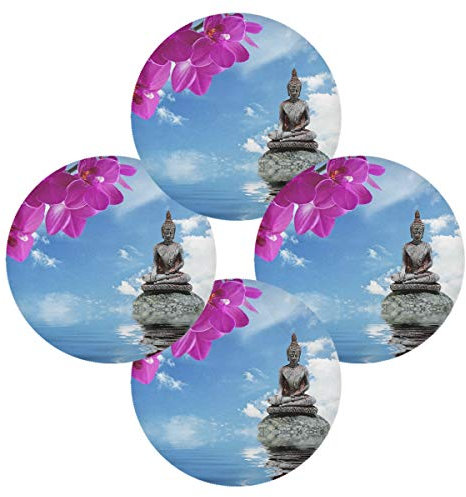 TropicalLife HaJie Platzdeckchen mit Orchideen-Blumenstein, japanischer Zen-Motiv, rutschfest, hitzebeständig, rund, für Zuhause, Urlaub, Party, Essen, Dekoration, 4 Stück