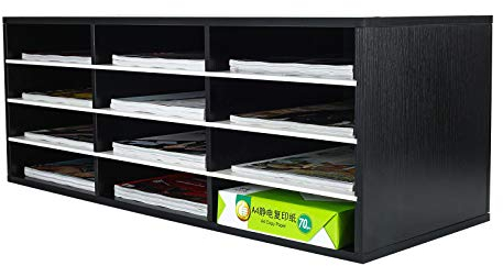 PAG 12 Compartments Office Countertop Letter File Tray, Wooden A4 Paper Storage Organiser Desk Trays Stackable for Office Home School,Black&White
