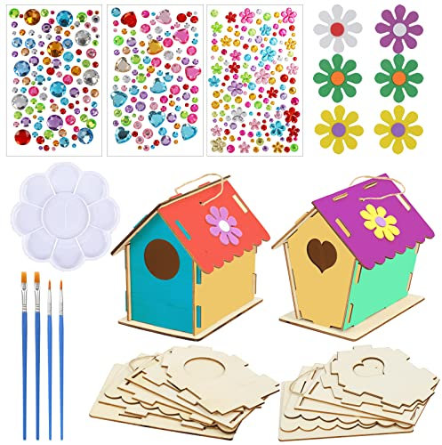 LAMEK 2 Pack Bird House Kits for Kids - Make Your Own Wooden Art and Craft for Girls Boys - DIY Build and Paint Ornaments for Spring Summer Garden Outdoor Activities Project