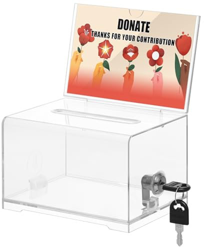 KYODOLED Transparente Spendenbox für Spendenaktionen mit Schloss und Schilderhalter, Mehrzweck-Abstimmungs- und Tombola-Box, Trinkgeld, sichere Aufbewahrung, robuster Kunststoff, 15,7 x 11,7 x 10,2 cm