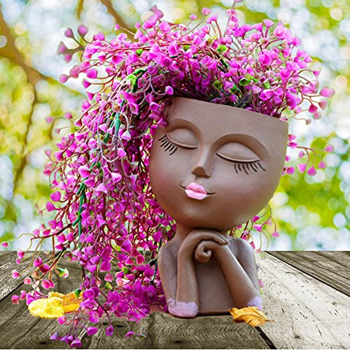 LovTocTic Pot de fleurs en forme de visage de fille, statue de buste féminin avec trou de drainage pour plantes d'intérieur et d'extérieur, vase d'art humain moderne (17,8 cm, marron)