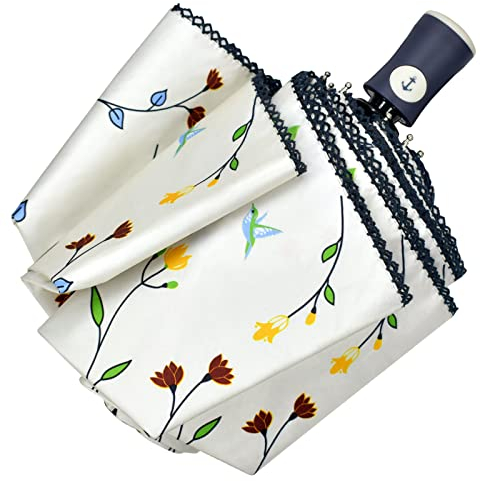 Cuby Parapluie de voyage compact pliable avec ouverture et fermeture automatiques, protection contre la pluie, le vent et à 99,9 % contre les UV avec revêtement noir, Papillons fleurs