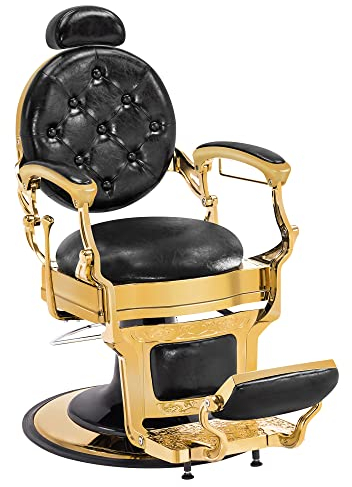 Barberpub Friseurstuhl hydraulische Friseursessel 2933GD, mit Retro/Vintage Stil, 360° drehbar, Kunstleder, Goldrahmen, 113 × 68 × 109 cm (Schwarz-Gold)