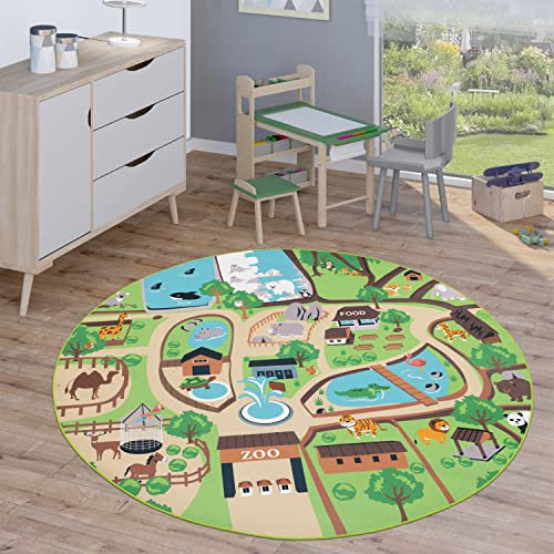 Paco Home Kinderteppich Teppich Rund Kinderzimmer Spielteppich Straßenteppich Modern rutschfest Junge Mädchen, Grösse:200 cm Rund, Farbe:Beige
