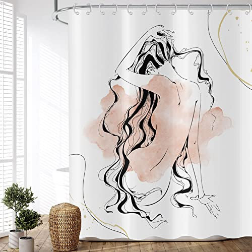 ASDCXZ Duschvorhang Boho 180x220 cm, Modern Abstrakt Kunst Boho Style Minimalismus Mädchen Körperkurve Weiß Waschbar Duschvorhänge Textil Wasserdicht Duschvorhang für Badewanne mit 12 Haken