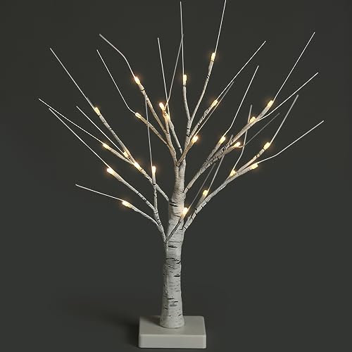 NETTA Twig Birch Tree with Lights Christmas Tree Ornament Pre-Lit with 24 Warm White LEDs - Battery Powered Tabletop Decoration (60cm/2ft) - White