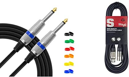 Tiger GTC4-06 6 Metre 20 Foot - 6.35mm 1/4 Inch Jack to Jack Lead Guitar Instrument Cable with Interchangeable Coloured Loops & Stagg SMC6 6 metre standard microphone cable