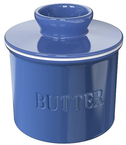 Vidalenta Mantequera de porcelana para mostrador con agua, plato de mantequilla francesa de 7.5 onzas con tapa, recipiente para mantequilla campestre, recipiente para mantequilla untable, azul lago