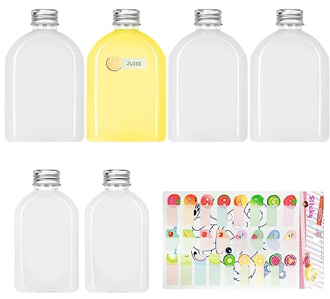 GVSAVY 6 Pack Clear Juice Bottles (100ml+200ml), 1 Fruit Sticker, Flat Beverage Container, Drink Empty Bottle With Aluminum Lid, Reusable Transparent Flat Bottle, Suitable For Milk, Juice