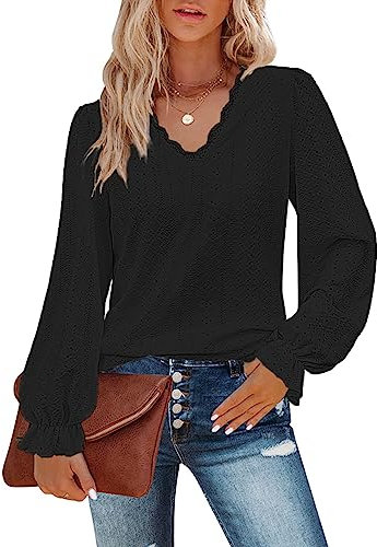 Flikity Black Plus Size Women's Lace V Neck Puff Long Sleeve Eyelet Tops XL