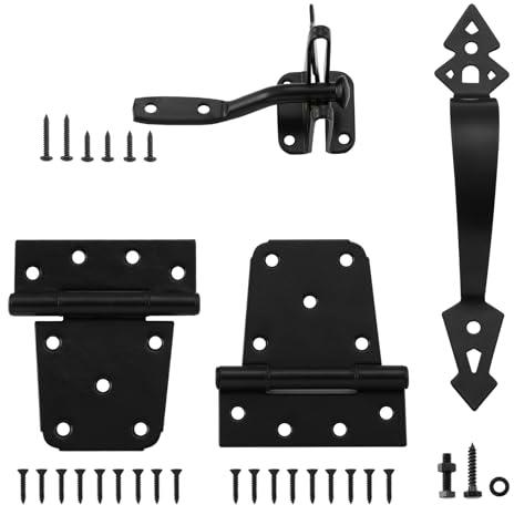 HOME MASTER HARDWARE Set di ferramenta per cancello in legno, resistente cerniera a T da 8,9 cm, chiusura a scatto e maniglia decorativa per cancello con viti, per recinzione esterna, cancello a