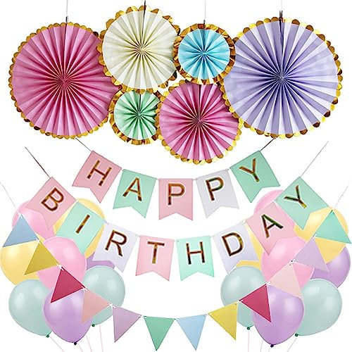 Pastel Birthday Party Decorations,Macaron Happy Birthday Banner,Hanging Paper Fans,12 pieces Paper Triangle Flags Pennant Banners with Latex Balloons For Girls And Womens Birthday Party Supplies