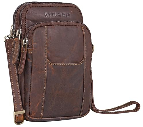 STILORD 'Tertius' Herren Umhängetasche Leder mit 3-in-1 System Männerhandtasche Handytasche zum Umhängen Handgelenktasche Gürteltasche Herren, Farbe:Cognac - Dunkelbraun