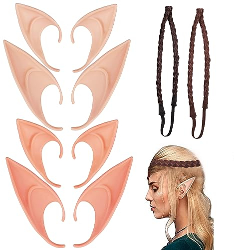 Yoirzit Elfenohren 4 Paar, Weiche Spitze Cosplay Elf Ohren mit 2 Stück Haargeflecht Stirnband, Elfen Vampir Elfenohren für Halloween, Weihnachten, Party, Anzieh, Kostüm, Maskerade, Zubehör