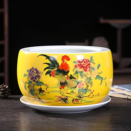 Planta de cerámica pintada a mano de 9,4 pulgadas maceta china para jardín para interiores y exteriores con plato de goteo Florero de flores maceta clásica especialidad de China
