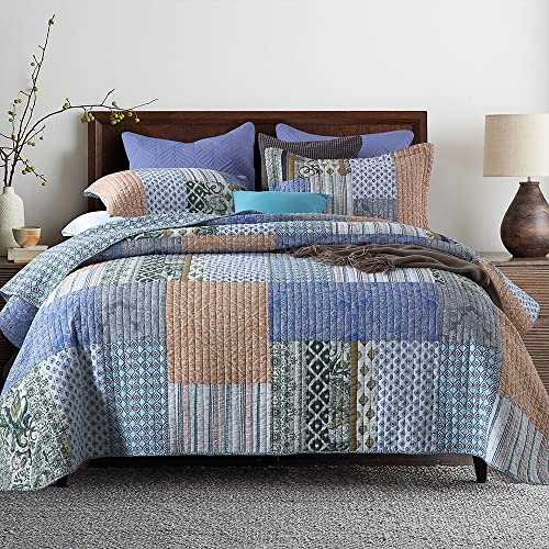 Autumn Dream Baumwoll-Tagesdecke, Steppdecke, wendbar, Bettdecken-Set, Vintage-Blumen-Patchwork, rot-blaue Tagesdecke, King-Size-Größe (blaues Bohemian-Patchwork, Queen-Size-Bett (228 x 248 cm)