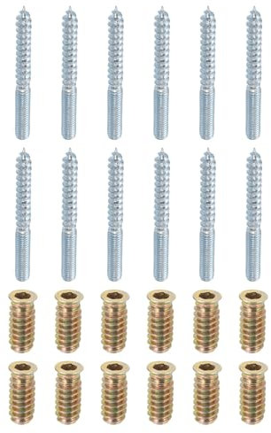 sourcing map M6x60mm Hanger Bolts, 12pcs 31mm Wood Dowel Screw Self-Tapping Screw with 12pcs M6x24mm Threaded Insert Nuts Interface Hex Socket Drive, for Joint Furniture Legs