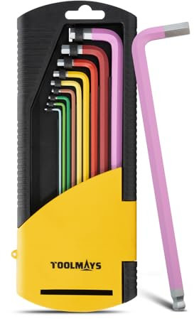 TOOLMAYS Clé Allen Extra Longues 9 Pièces, S2 Cle Allen 1,5-10mm Multicolore Coudées Hex Avec Tête Sphérique, 62 HRC Extra Longue Tige Jusqu'à 223mm Clef Allen Coudées pour Bricoleurs