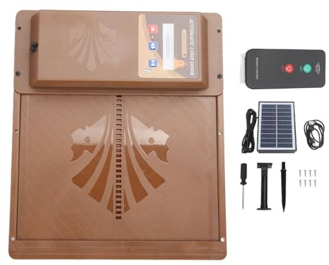 Porte de Poulailler Automatique Solaire, Ouverture Horizontale, avec Télécommande et Capteur de Lumière, USB, Marron