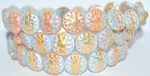 60 pcs Round Flower Edelweiss Pressed Glass Beads, 43019126 Ab 2Xside (43019126-AB-2XSIDE), 15 mm, Glass, Czech Republic