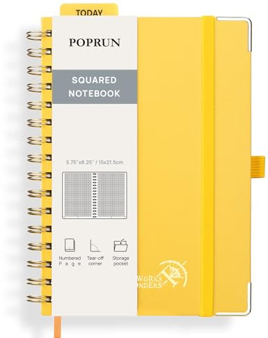 POPRUN Spiral Notebook A5, Taccuino a Quadretti con 141 Pagine Numerate, Quaderno con Etichette Autoadesive e 8 Fogli Staccabili, Carta Spessa 120 GSM, Giallo Chiaro (LYW)
