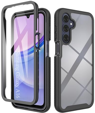 ESTH® Hülle für Samsung Galaxy A16 5G/Galaxy A16 4G 360 Grad Vollschutz Handyhülle Stoßfest Kratzfeste Staubdicht Klar Case Outdoor Panzerhülle mit Displayschutz und PC Bumper, Schwarz