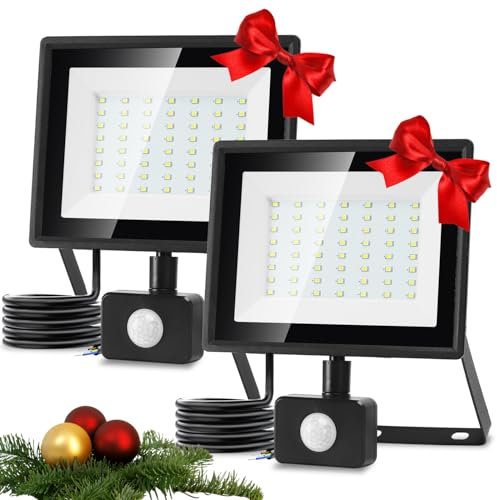 Aigostar Foco LED con Sensor Movimiento 50W,4300LM Super Brillo Focos LED Exterior IP65 Impermeable,Blanco Frío 6500K Proyector Led Exterior,Perfectas para Jardín, Garaje, Patio, 2PC
