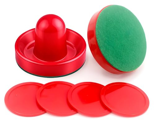 2 Air Hockey Pushers and 4 Air Hockey Pucks for Game Tables | Replacement Air Hockey Paddles and Pushers | Perfect Accessories for Air Hockey Games (2 Striker, 4Pucks) (Red, L)