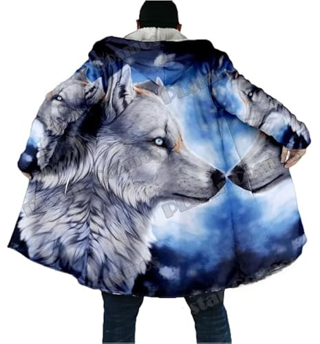 keephenDE Winter Herrenmantel Schöner Stammes Eingeborener Wolf 3D Gedruckt Dicker Fleece Kapuzenmantel Unisex Beiläufiger Warmer Cape Mantel