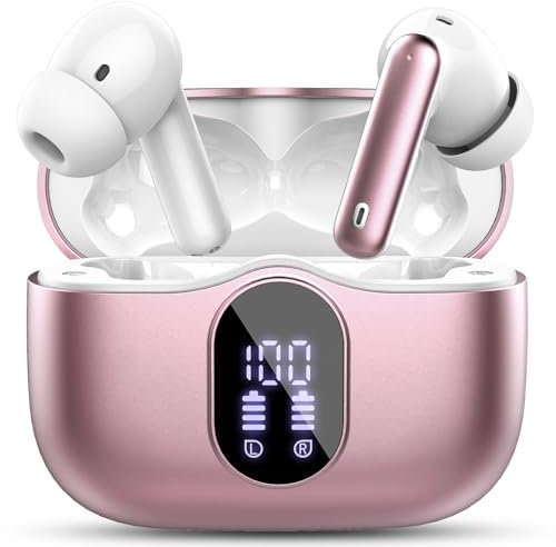 Wireless Earbuds, Bluetooth 5.4 Headphones In Ear with 4 ENC Mic, Wireless Earphones Noise Cancelling Deep Bass, LED Display, Bluetooth Earbuds 36H Playtime, IP7 Waterproof Ear buds, USB-C Pink Gold