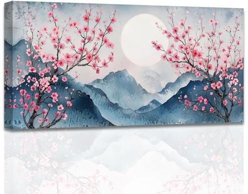 ZXHYWYM Japanese Landscape Wall Art Cherry Picture for Wall Cherry Blossom Tree Canvas Prints Abstract Moon Mountain Pink Flower Painting Bedroom Decor Framed (Blue, (70L x 140W cm))